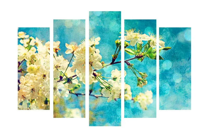Suuri 5-osainen canvas-taulu 105x70 cm - Kukkivia kirsikanoksia sinisellä taustalla, Valkoinen / Sininen / Vihreä