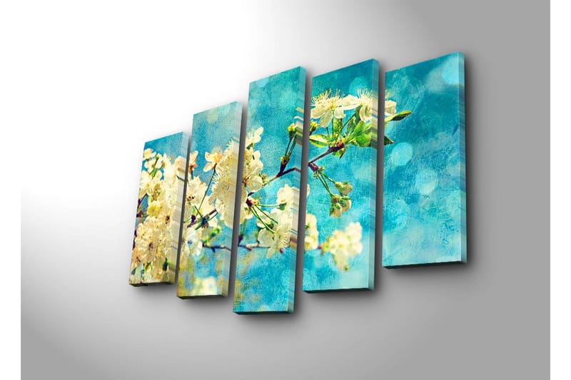 Suuri 5-osainen canvas-taulu 105x70 cm - Kukkivia kirsikanoksia sinisellä taustalla - Valkoinen / Sininen / Vihreä - Sisustustuotteet - Taulu & taide - Canvas-taulu