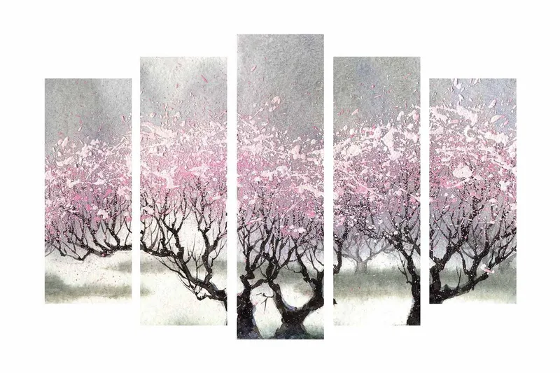 Suuri 5-osainen canvas-taulu 105x70 cm - Kukkivia kirsikkapuita unenomaisessa maisemassa - Vaaleanpunainen / Harmaa / Musta - Sisustustuotteet - Taulu & taide - Canvas-taulu