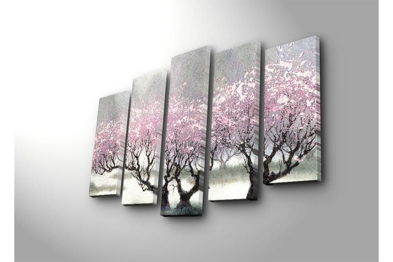 Suuri 5-osainen canvas-taulu 105x70 cm - Kukkivia kirsikkapuita unenomaisessa maisemassa - Vaaleanpunainen / Harmaa / Musta - Sisustustuotteet - Taulu & taide - Canvas-taulu