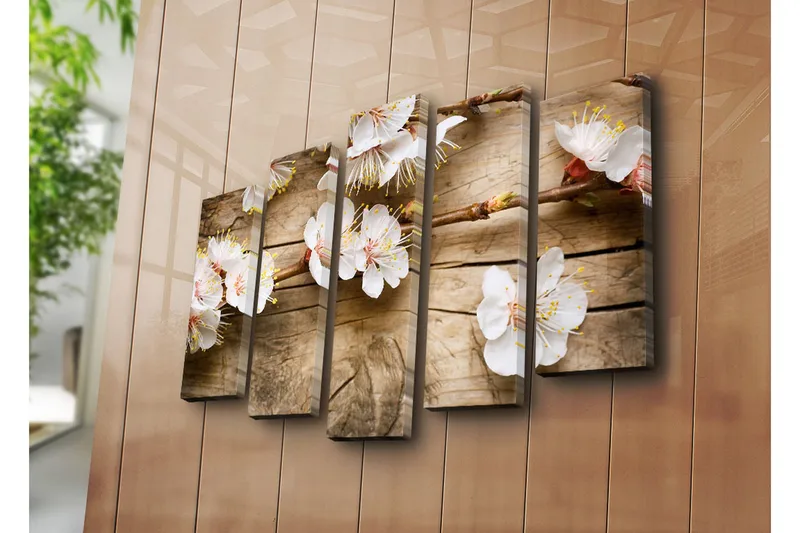 Suuri 5-osainen canvas-taulu 105x70 cm - Kukkivia oksia ja valkoisia kukkia - Valkoinen / Keltainen / Ruskea - Sisustustuotteet - Taulu & taide - Canvas-taulu