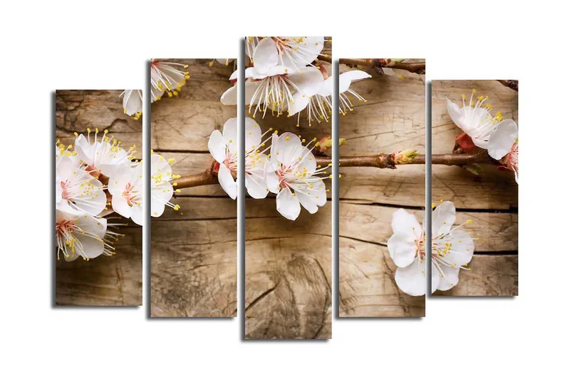 Suuri 5-osainen canvas-taulu 105x70 cm - Kukkivia oksia ja valkoisia kukkia - Valkoinen / Keltainen / Ruskea - Sisustustuotteet - Taulu & taide - Canvas-taulu