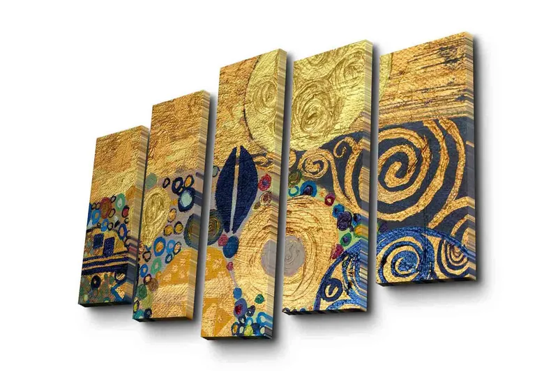 Suuri 5-osainen canvas-taulu 105x70 cm - Kultainen abstrakti sommittelu spiraaleilla ja ympyröillä, Kulta / Sininen / Musta