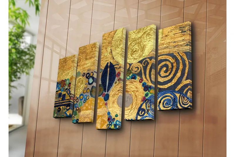 Suuri 5-osainen canvas-taulu 105x70 cm - Kultainen abstrakti sommittelu spiraaleilla ja ympyröillä - Kulta / Sininen / Musta - Sisustustuotteet - Taulu & taide - Canvas-taulu