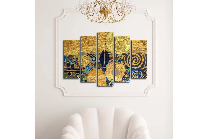 Suuri 5-osainen canvas-taulu 105x70 cm - Kultainen abstrakti sommittelu spiraaleilla ja ympyröillä - Kulta / Sininen / Musta - Sisustustuotteet - Taulu & taide - Canvas-taulu