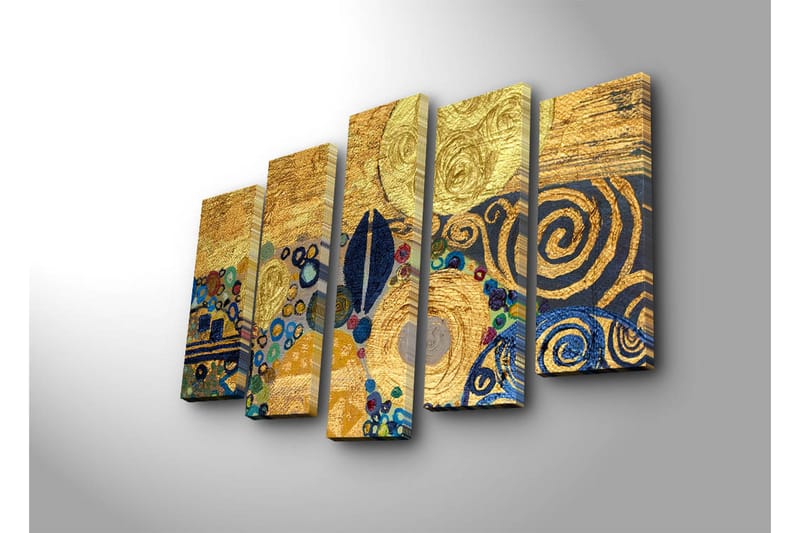 Suuri 5-osainen canvas-taulu 105x70 cm - Kultainen abstrakti sommittelu spiraaleilla ja ympyröillä - Kulta / Sininen / Musta - Sisustustuotteet - Taulu & taide - Canvas-taulu