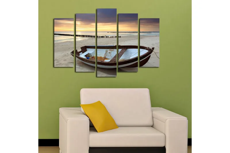 Suuri 5-osainen canvas-taulu 105x70 cm - Kulunut vene hiekkarannalla auringonlaskun aikaan - Ruskea / Sininen / Valkoinen - Sisustustuotteet - Taulu & taide - Canvas-taulu