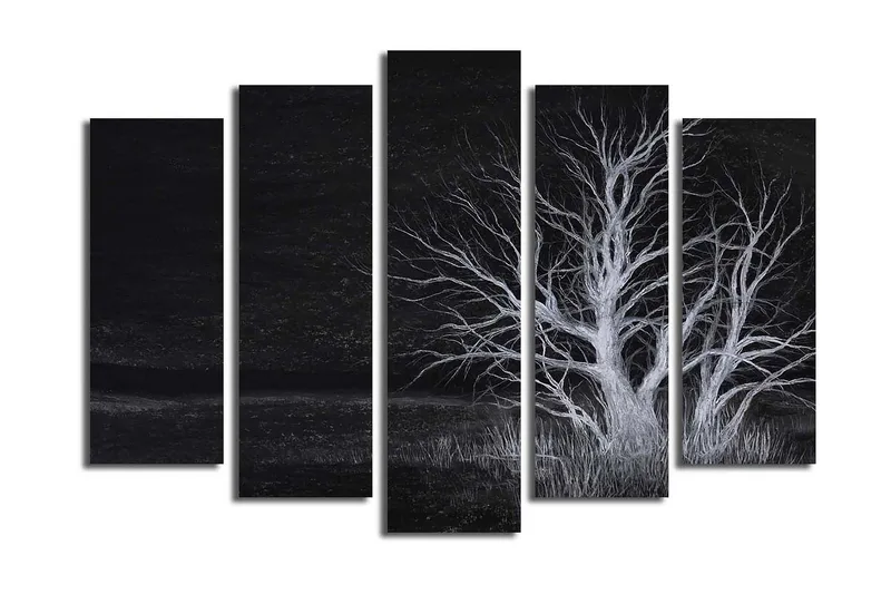 Suuri 5-osainen canvas-taulu 105x70 cm - Kuoleman puu tummassa maisemassa, Musta / Valkoinen