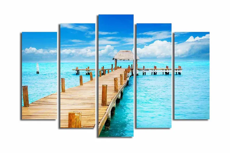 Suuri 5-osainen canvas-taulu 105x70 cm - Laituri turkoosin veden yllä, Turkoosi / Sininen / Ruskea