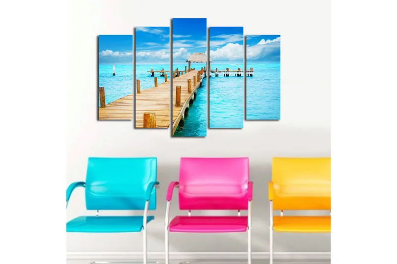 Suuri 5-osainen canvas-taulu 105x70 cm - Laituri turkoosin veden yllä - Turkoosi / Sininen / Ruskea - Sisustustuotteet - Taulu & taide - Canvas-taulu