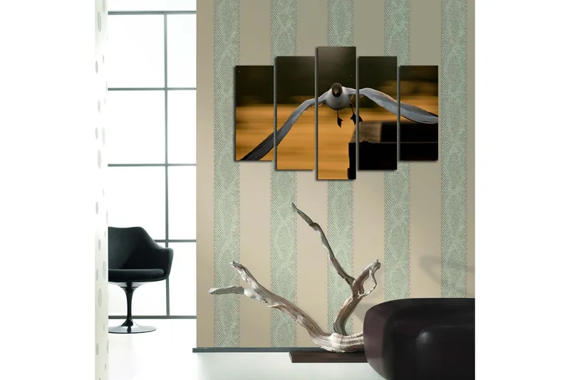 Suuri 5-osainen canvas-taulu 105x70 cm - Lentävä lokki kultaisessa hämärässä - Valkoinen / Musta / Kultainen - Sisustustuotteet - Taulu & taide - Canvas-taulu