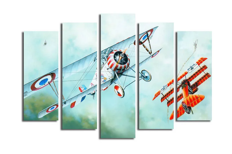 Suuri 5-osainen canvas-taulu 105x70 cm - Lentokonekaksintaistelu ilmassa, Punainen / Sininen / Valkoinen