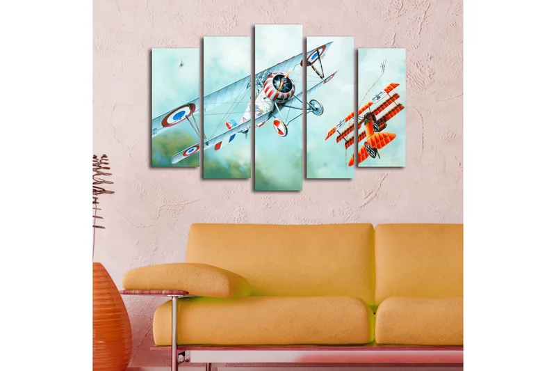 Suuri 5-osainen canvas-taulu 105x70 cm - Lentokonekaksintaistelu ilmassa - Punainen / Sininen / Valkoinen - Sisustustuotteet - Taulu & taide - Canvas-taulu