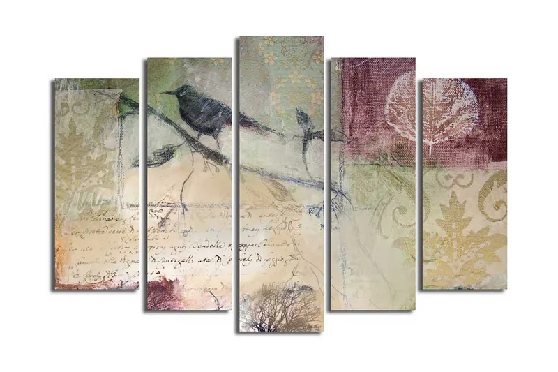 Suuri 5-osainen canvas-taulu 105x70 cm - Linnut oksalla abstrakteilla kuvioilla ja tekstuureilla, Vihreä / Ruskea / Burgundi