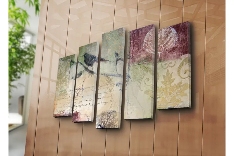 Suuri 5-osainen canvas-taulu 105x70 cm - Linnut oksalla abstrakteilla kuvioilla ja tekstuureilla - Vihreä / Ruskea / Burgundi - Sisustustuotteet - Taulu & taide - Canvas-taulu