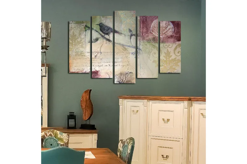 Suuri 5-osainen canvas-taulu 105x70 cm - Linnut oksalla abstrakteilla kuvioilla ja tekstuureilla - Vihreä / Ruskea / Burgundi - Sisustustuotteet - Taulu & taide - Canvas-taulu