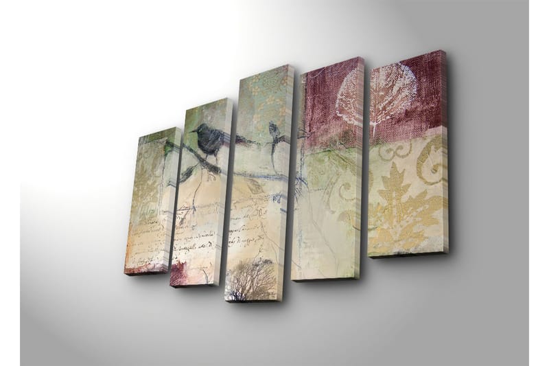 Suuri 5-osainen canvas-taulu 105x70 cm - Linnut oksalla abstrakteilla kuvioilla ja tekstuureilla - Vihreä / Ruskea / Burgundi - Sisustustuotteet - Taulu & taide - Canvas-taulu