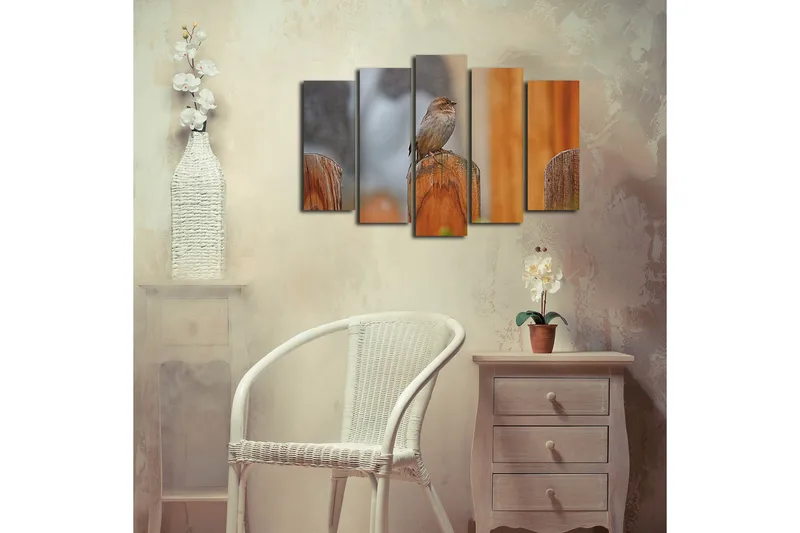 Suuri 5-osainen canvas-taulu 105x70 cm - Lintu puupylväässä - Harmaa / Ruskea / Oranssi - Sisustustuotteet - Taulu & taide - Canvas-taulu