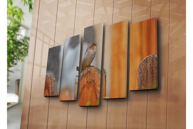 Suuri 5-osainen canvas-taulu 105x70 cm - Lintu puupylväässä - Harmaa / Ruskea / Oranssi - Sisustustuotteet - Taulu & taide - Canvas-taulu