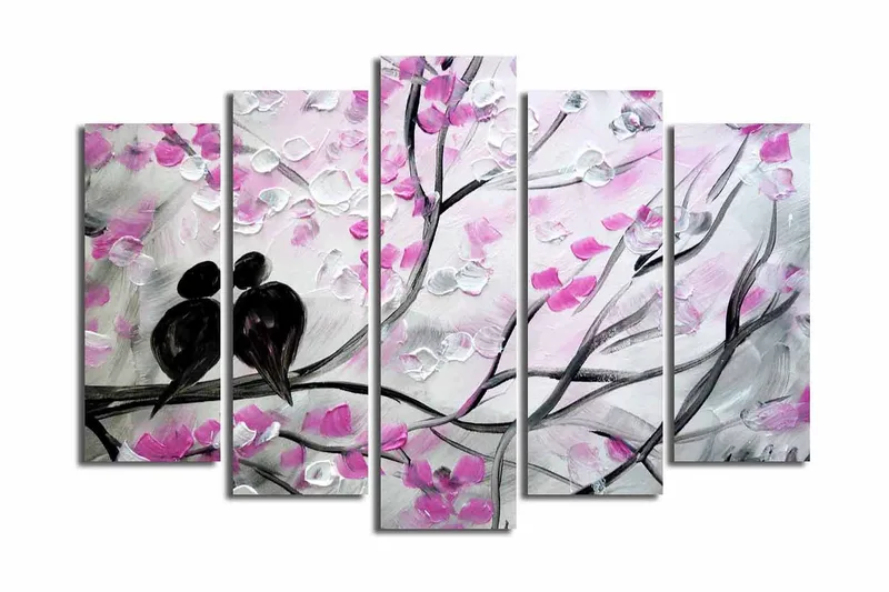 Suuri 5-osainen canvas-taulu 105x70 cm - Lintupari oksalla kukkien ympäröimänä - Vaaleanpunainen / Musta / Valkoinen - Sisustustuotteet - Taulu & taide - Canvas-taulu