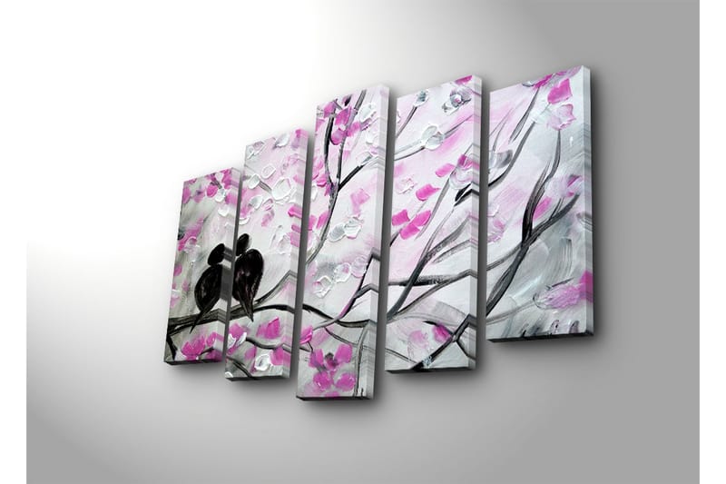 Suuri 5-osainen canvas-taulu 105x70 cm - Lintupari oksalla kukkien ympäröimänä - Vaaleanpunainen / Musta / Valkoinen - Sisustustuotteet - Taulu & taide - Canvas-taulu