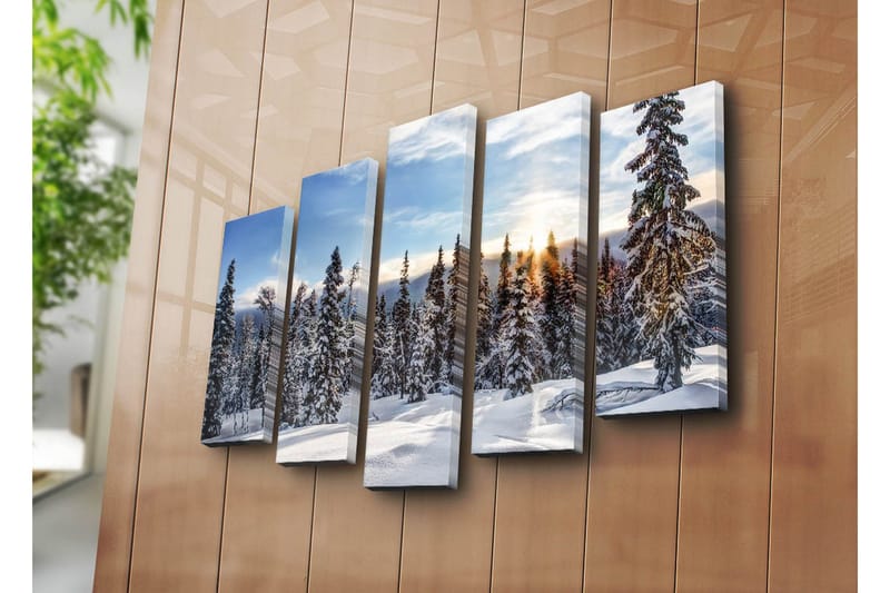Suuri 5-osainen canvas-taulu 105x70 cm - Lumipeitteiset kuusipuut talvimaisemassa auringonnousun kanssa - Valkoinen / Sininen / Vihreä - Sisustustuotteet - Taulu & taide - Canvas-taulu