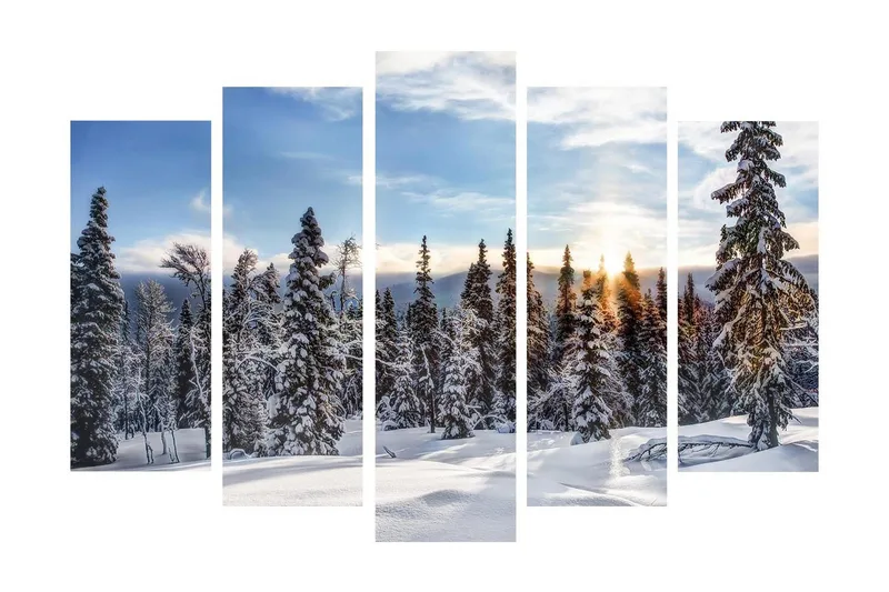 Suuri 5-osainen canvas-taulu 105x70 cm - Lumipeitteiset kuusipuut talvimaisemassa auringonnousun kanssa - Valkoinen / Sininen / Vihreä - Sisustustuotteet - Taulu & taide - Canvas-taulu