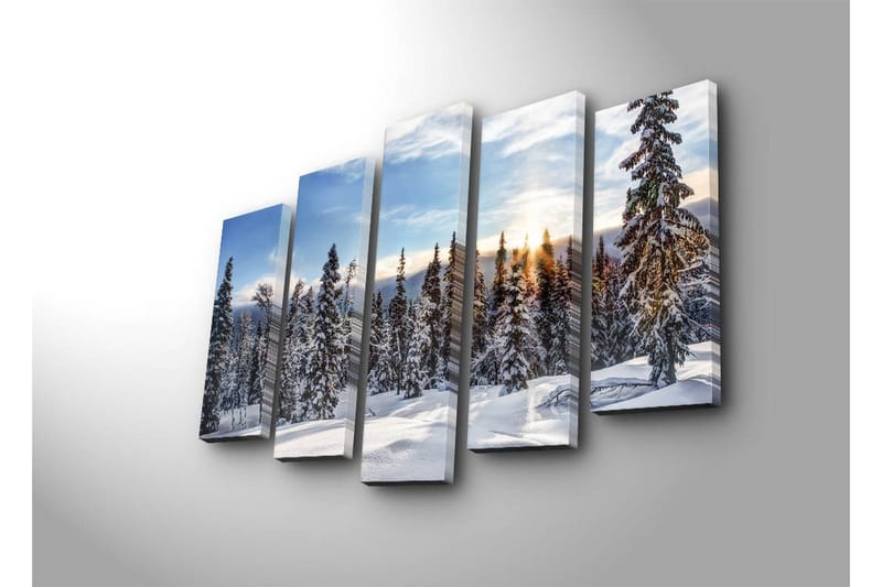 Suuri 5-osainen canvas-taulu 105x70 cm - Lumipeitteiset kuusipuut talvimaisemassa auringonnousun kanssa - Valkoinen / Sininen / Vihreä - Sisustustuotteet - Taulu & taide - Canvas-taulu