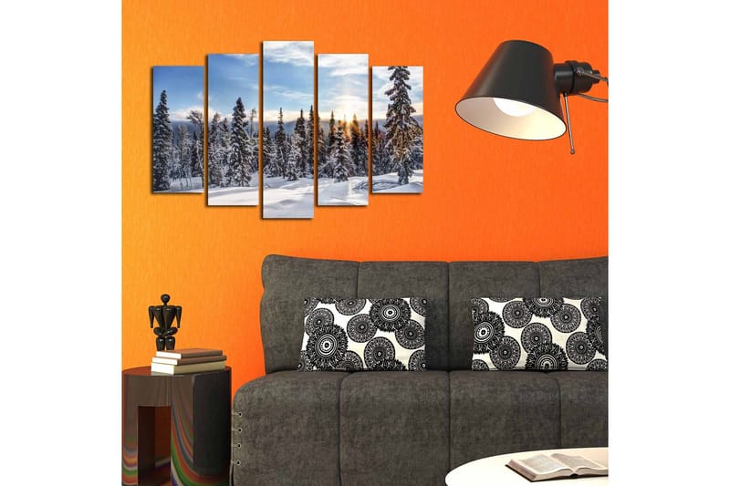 Suuri 5-osainen canvas-taulu 105x70 cm - Lumipeitteiset kuusipuut talvimaisemassa auringonnousun kanssa - Valkoinen / Sininen / Vihreä - Sisustustuotteet - Taulu & taide - Canvas-taulu