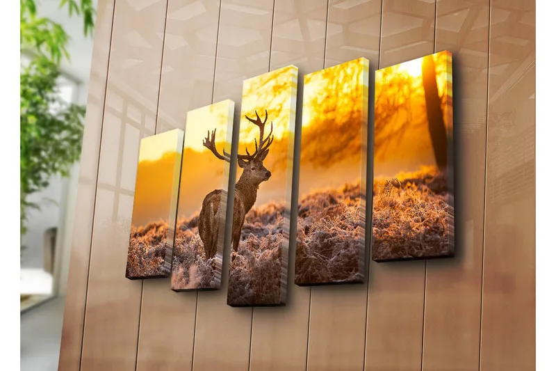 Suuri 5-osainen canvas-taulu 105x70 cm - Majesteettinen hirvi auringonnousun kultaisessa valossa - Kulta / Ruskea / Beige - Sisustustuotteet - Taulu & taide - Canvas-taulu