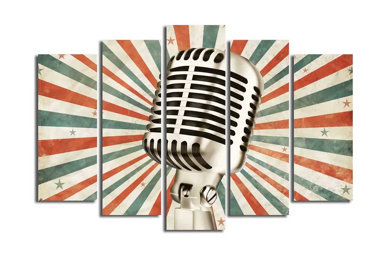 Suuri 5-osainen canvas-taulu 105x70 cm - Mikrofoni retrotyylillä, jota ympäröivät eriväriset säteet, Punainen / Vihreä / Beige