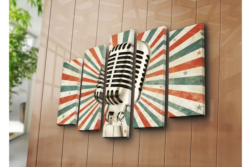Suuri 5-osainen canvas-taulu 105x70 cm - Mikrofoni retrotyylillä, jota ympäröivät eriväriset säteet - Punainen / Vihreä / Beige - Sisustustuotteet - Taulu & taide - Canvas-taulu