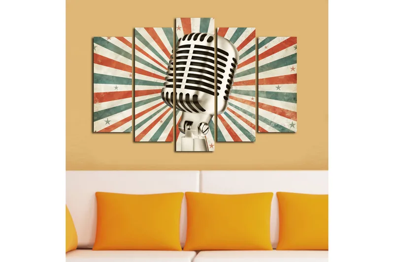Suuri 5-osainen canvas-taulu 105x70 cm - Mikrofoni retrotyylillä, jota ympäröivät eriväriset säteet - Punainen / Vihreä / Beige - Sisustustuotteet - Taulu & taide - Canvas-taulu