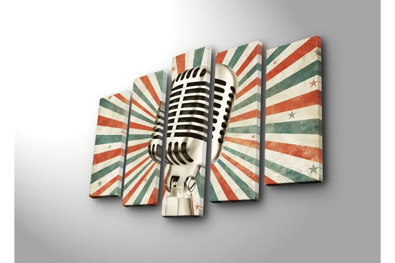 Suuri 5-osainen canvas-taulu 105x70 cm - Mikrofoni retrotyylillä, jota ympäröivät eriväriset säteet - Punainen / Vihreä / Beige - Sisustustuotteet - Taulu & taide - Canvas-taulu