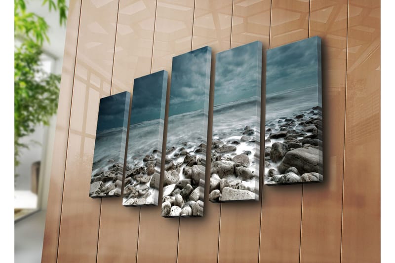 Suuri 5-osainen canvas-taulu 105x70 cm - Myrskyisä meri kallioisilla rannoilla - Tummansininen / Harmaa / Valkoinen - Sisustustuotteet - Taulu & taide - Canvas-taulu