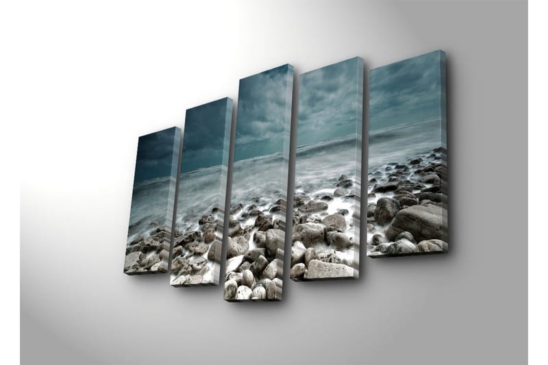 Suuri 5-osainen canvas-taulu 105x70 cm - Myrskyisä meri kallioisilla rannoilla - Tummansininen / Harmaa / Valkoinen - Sisustustuotteet - Taulu & taide - Canvas-taulu