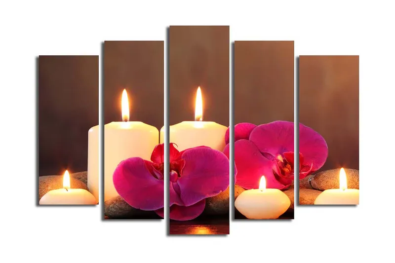 Suuri 5-osainen canvas-taulu 105x70 cm - Rauhoittava sommitelma kynttilöillä ja orkideoilla, Valkoinen / Vaaleanpunainen / Harmaa