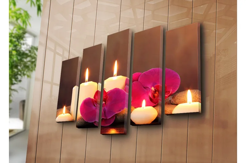Suuri 5-osainen canvas-taulu 105x70 cm - Rauhoittava sommitelma kynttilöillä ja orkideoilla - Valkoinen / Vaaleanpunainen / Harmaa - Sisustustuotteet - Taulu & taide - Canvas-taulu