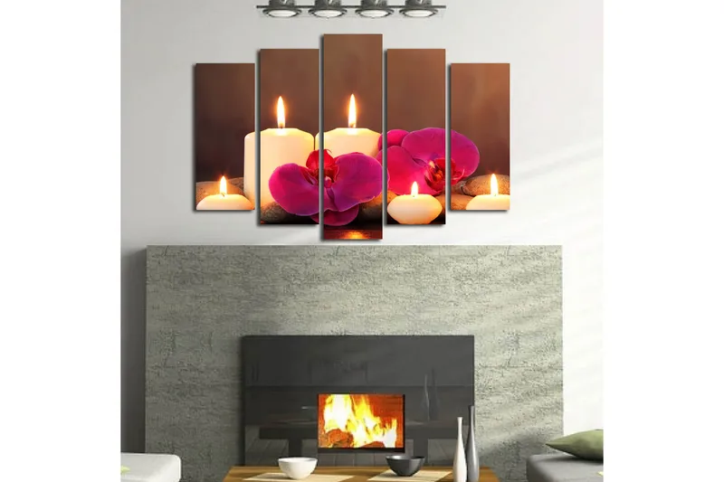 Suuri 5-osainen canvas-taulu 105x70 cm - Rauhoittava sommitelma kynttilöillä ja orkideoilla - Valkoinen / Vaaleanpunainen / Harmaa - Sisustustuotteet - Taulu & taide - Canvas-taulu