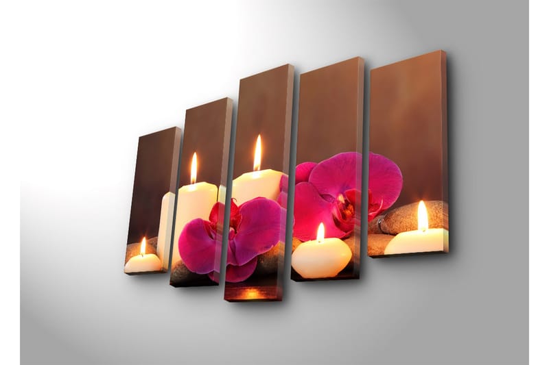 Suuri 5-osainen canvas-taulu 105x70 cm - Rauhoittava sommitelma kynttilöillä ja orkideoilla - Valkoinen / Vaaleanpunainen / Harmaa - Sisustustuotteet - Taulu & taide - Canvas-taulu