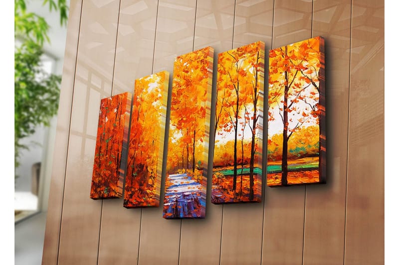 Suuri 5-osainen canvas-taulu 105x70 cm - Rehevä metsä syksyn väreissä ja polulla - Oranssi / Keltainen / Vihreä - Sisustustuotteet - Taulu & taide - Canvas-taulu
