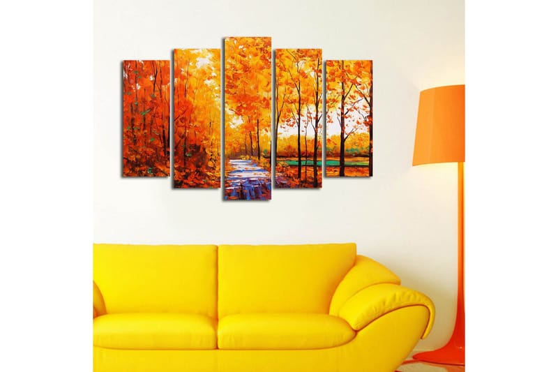 Suuri 5-osainen canvas-taulu 105x70 cm - Rehevä metsä syksyn väreissä ja polulla - Oranssi / Keltainen / Vihreä - Sisustustuotteet - Taulu & taide - Canvas-taulu