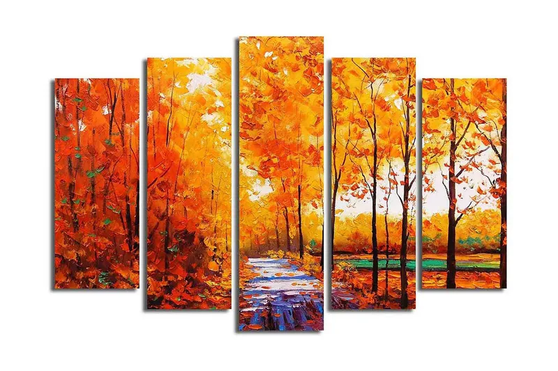 Suuri 5-osainen canvas-taulu 105x70 cm - Rehevä metsä syksyn väreissä ja polulla - Oranssi / Keltainen / Vihreä - Sisustustuotteet - Taulu & taide - Canvas-taulu
