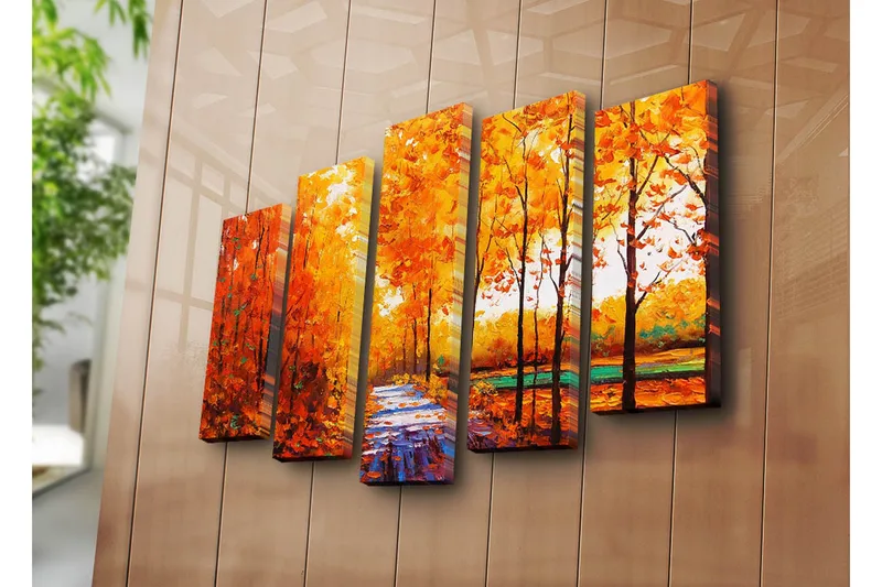 Suuri 5-osainen canvas-taulu 105x70 cm - Rehevä metsä syksyn väreissä ja polulla - Oranssi / Keltainen / Vihreä - Sisustustuotteet - Taulu & taide - Canvas-taulu