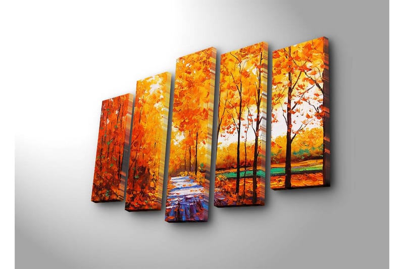 Suuri 5-osainen canvas-taulu 105x70 cm - Rehevä metsä syksyn väreissä ja polulla - Oranssi / Keltainen / Vihreä - Sisustustuotteet - Taulu & taide - Canvas-taulu