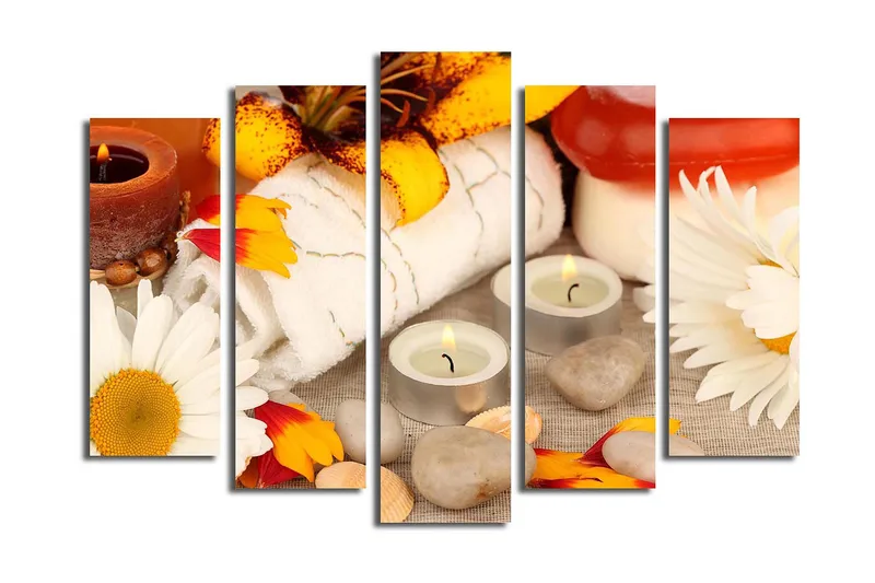 Suuri 5-osainen canvas-taulu 105x70 cm - Rentouttava kylpyläympäristö kukilla ja kynttilöillä, Keltainen / Valkoinen / Ruskea