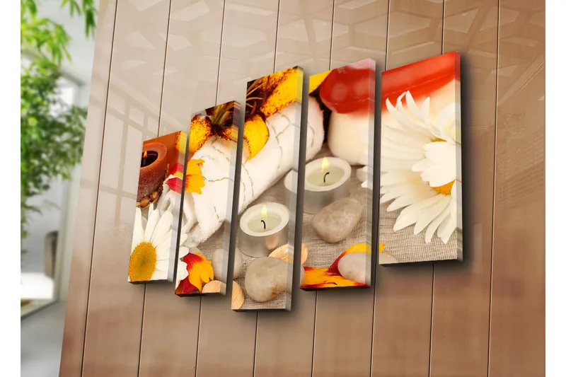 Suuri 5-osainen canvas-taulu 105x70 cm - Rentouttava kylpyläympäristö kukilla ja kynttilöillä - Keltainen / Valkoinen / Ruskea - Sisustustuotteet - Taulu & taide - Canvas-taulu