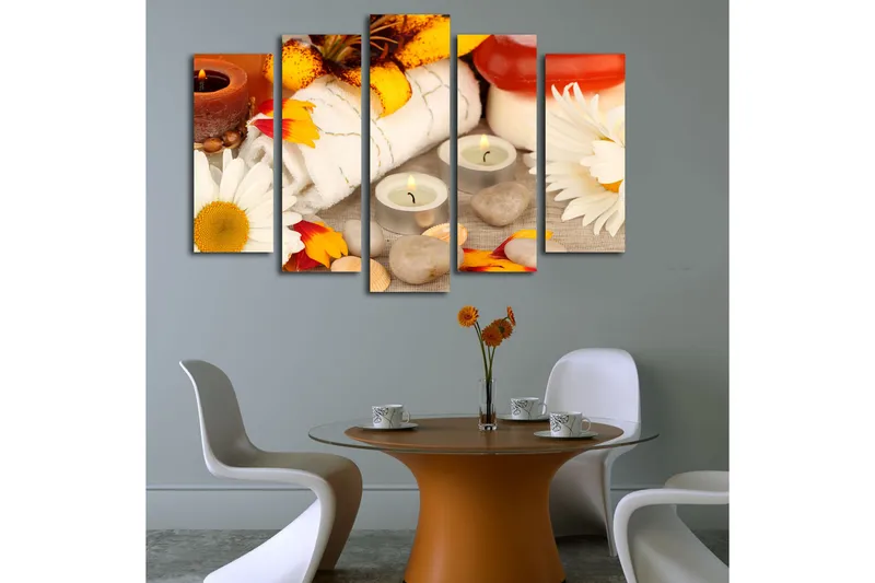 Suuri 5-osainen canvas-taulu 105x70 cm - Rentouttava kylpyläympäristö kukilla ja kynttilöillä - Keltainen / Valkoinen / Ruskea - Sisustustuotteet - Taulu & taide - Canvas-taulu