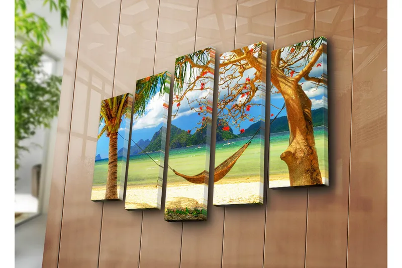 Suuri 5-osainen canvas-taulu 105x70 cm - Rentouttava rantamaisema riippumatossa palmujen välissä - Vihreä / Sininen / Beige - Sisustustuotteet - Taulu & taide - Canvas-taulu