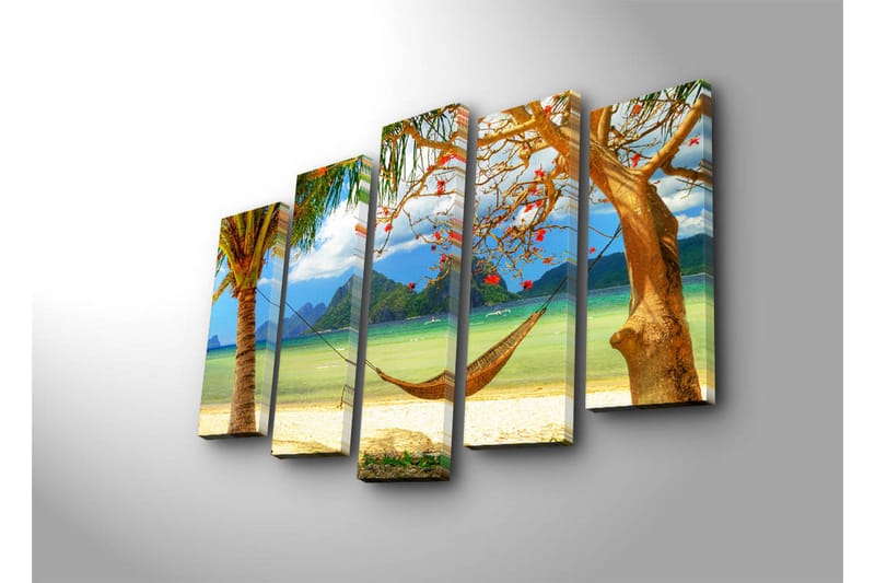 Suuri 5-osainen canvas-taulu 105x70 cm - Rentouttava rantamaisema riippumatossa palmujen välissä - Vihreä / Sininen / Beige - Sisustustuotteet - Taulu & taide - Canvas-taulu